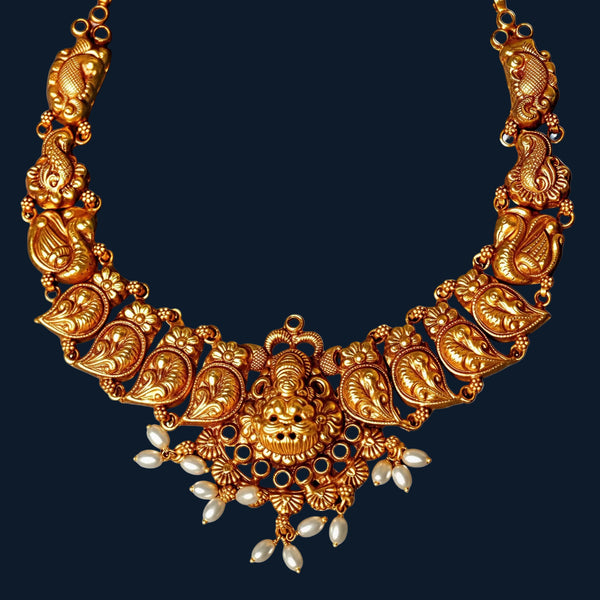 925 Silver Antique Gold-Plated Temple Necklace | Peacock & Leaf Motif Bridal Jewellery with Pearl Drops - Tavshan