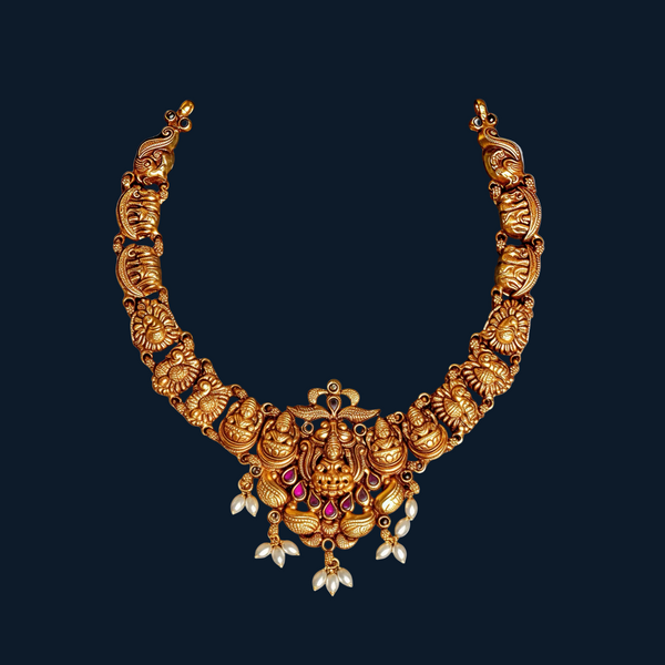 925 Silver Gold-Plated Temple Necklace for Women | Lakshmi Motif Antique Finish Bridal Jewellery - Tavshan