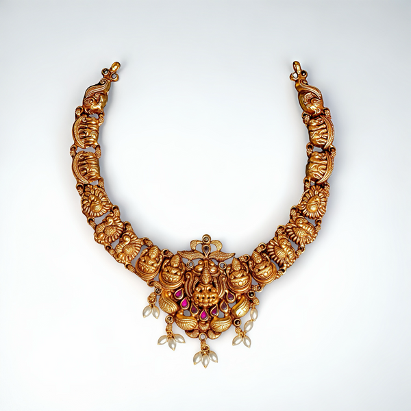 925 Silver Gold-Plated Temple Necklace for Women | Lakshmi Motif Antique Finish Bridal Jewellery