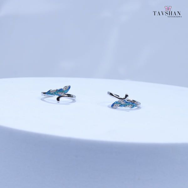925 Sterling Silver Adjustable Toe Ring – Blue Enamel Feather Leaf Design with Sparkling Stones