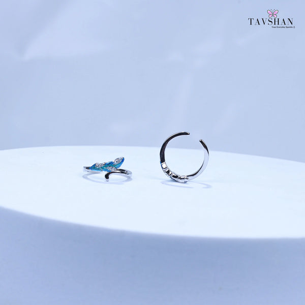 925 Sterling Silver Adjustable Toe Ring – Blue Enamel Feather Leaf Design with Sparkling Stones Tavshan