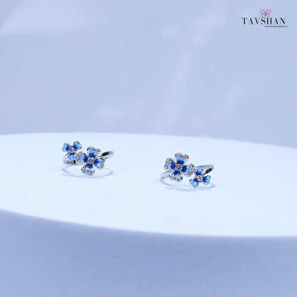 925 Sterling Silver Adjustable Toe Ring – Blue Enamel Triple Flower Design with Sparkling Stones
