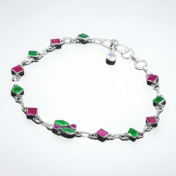 925 Sterling Silver Ruby & Emerald CZ Anklet Pair for Women | 925 Sterling Silver Payal