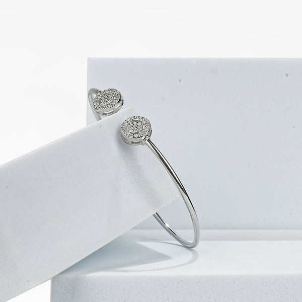 925 Sterling Silver Dual Round Halo CZ Open Bangle Bracelet