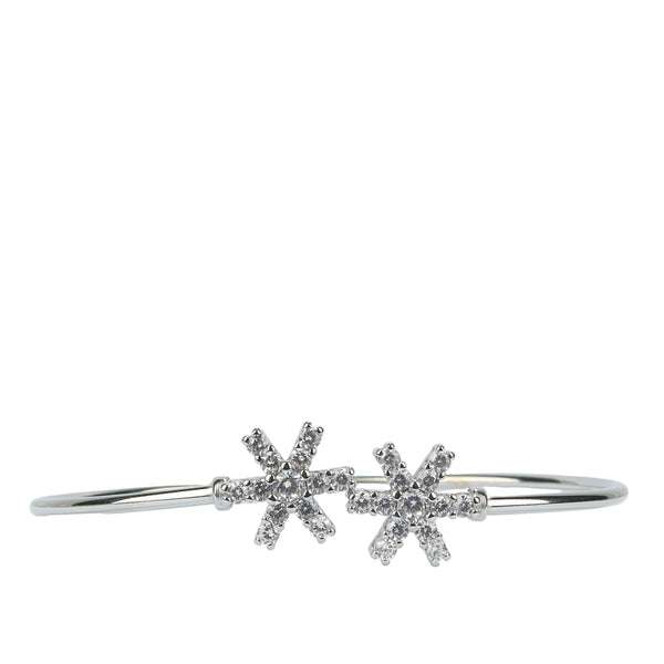 925 Sterling Silver Twin Starburst CZ Open Bangle Bracelet