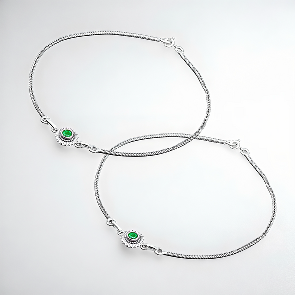 925 Sterling Silver Green Stone Sunburst Anklet Pair for Women | 925 Sterling Silver Payal