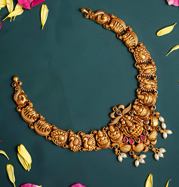 925 Silver Gold-Plated Temple Necklace for Women | Lakshmi Motif Antique Finish Bridal Jewellery