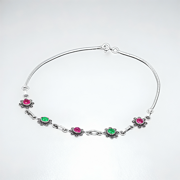 925 Sterling Silver Ruby & Emerald Floral Anklet Pair for Women | 925 Sterling Silver Payal