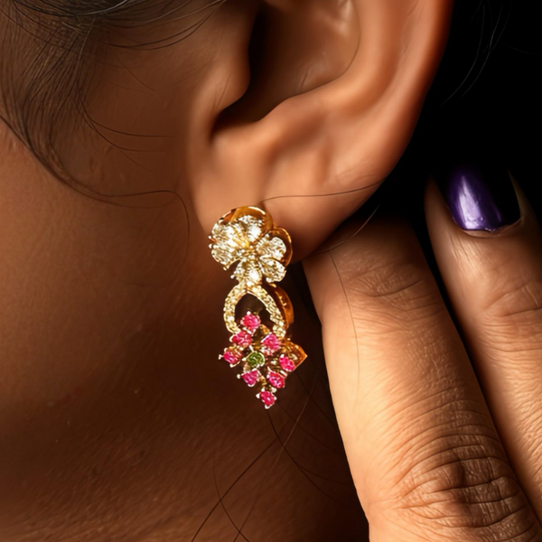 925 Silver Ruby–Emerald CZ Floral Necklace Set for Women | Gold-Plated Bridal Jewellery with Screw-Back Earrings