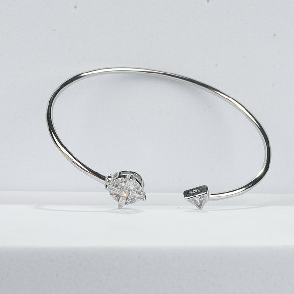 925 Sterling Silver Compass & Arrow CZ Open Bangle Bracelet