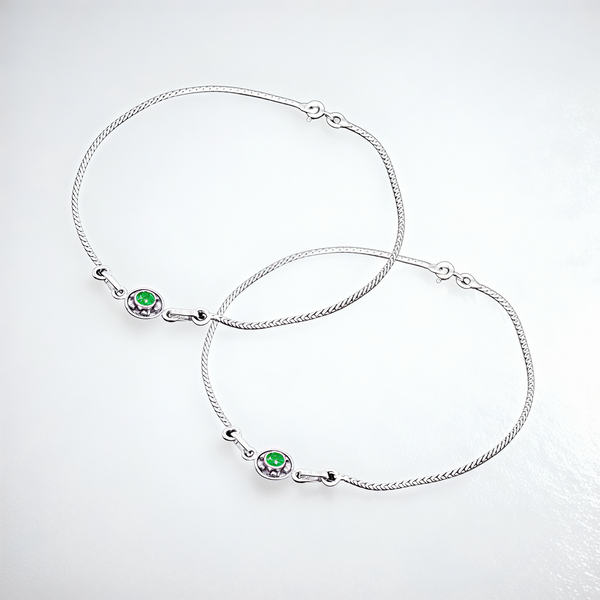 925 Sterling Silver Green Stone Classic Anklet Pair for Women | 925 Sterling Silver Payal - Tavshan