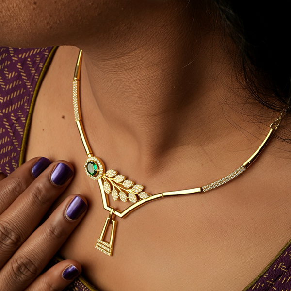 925 Silver Emerald CZ Leaf Motif Necklace Set for Women | Gold-Plated Party & Bridal Jewellery