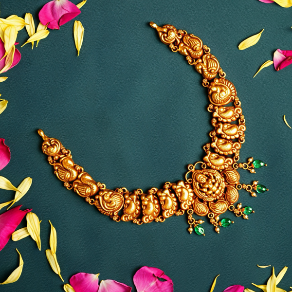 925 Silver Antique Gold-Plated Temple Necklace | Goddess Lakshmi Motif Bridal Jewellery with Emerald Drops
