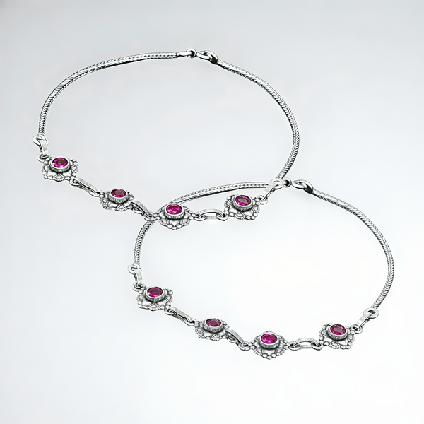 925 Sterling Silver Ruby Floral Anklet Pair for Women | 925 Sterling Silver Payal - Tavshan