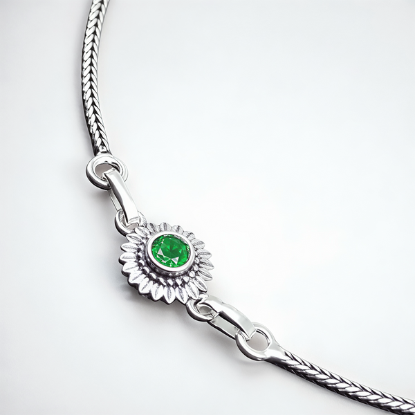 925 Sterling Silver Green Stone Sunburst Anklet Pair for Women | 925 Sterling Silver Payal - Tavshan