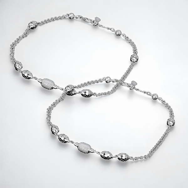 925 Sterling Silver Hammered Bead Dual Chain Anklet Pair for Women | 925 Sterling Silver Payal