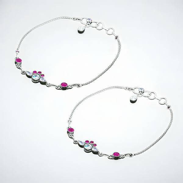 925 Sterling Silver Pink & White CZ Stone Anklet Pair for Women | 925 Sterling Silver Payal