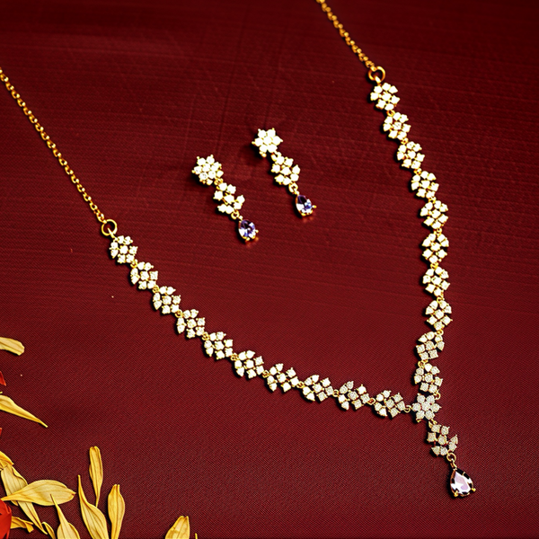 925 Silver Floral CZ Stone Necklace Set for Women | Gold-Plated Bridal Jewellery with Screw-Back Earrings