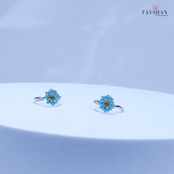 Delicate Sterling Silver Toe Ring – Blue Floral Enamel with Yellow Center Accent