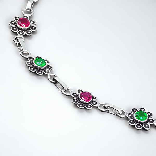 925 Sterling Silver Ruby & Emerald Floral Anklet Pair for Women | 925 Sterling Silver Payal
