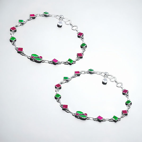 925 Sterling Silver Ruby & Emerald CZ Anklet Pair for Women | 925 Sterling Silver Payal - Tavshan