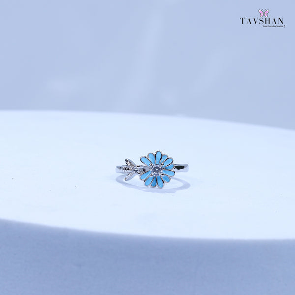 925 Sterling Silver Adjustable Toe Ring – Blue Floral Enamel with Sparkle Stone