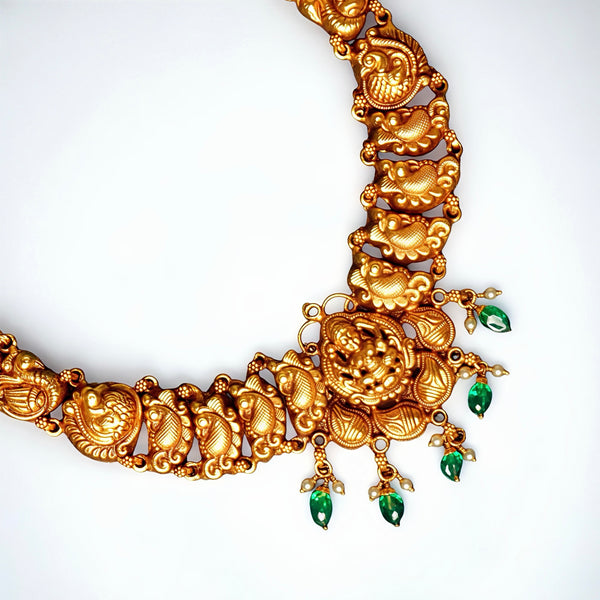 925 Silver Antique Gold-Plated Temple Necklace | Goddess Lakshmi Motif Bridal Jewellery with Emerald Drops