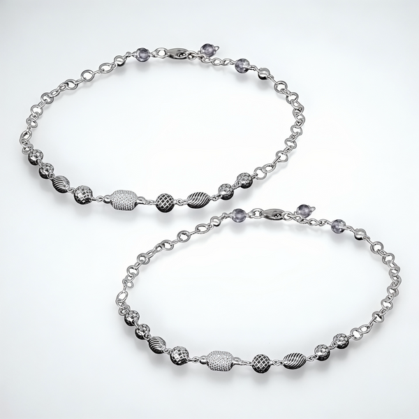 925 Sterling Silver Textured Bead Anklet Pair for Women | 925 Sterling Silver Payal - Tavshan