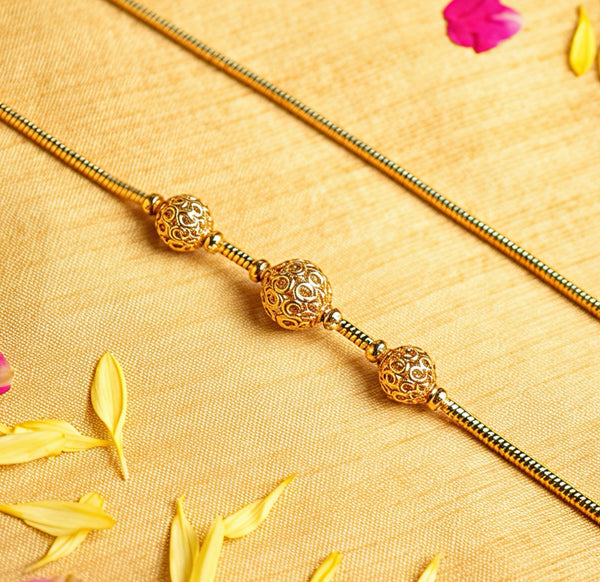 925 Silver Filigree Ball Mugappu Chain for Women | Gold-Plated Thali Chain with Three Intricate Beads | Traditional South Indian Silver Chain