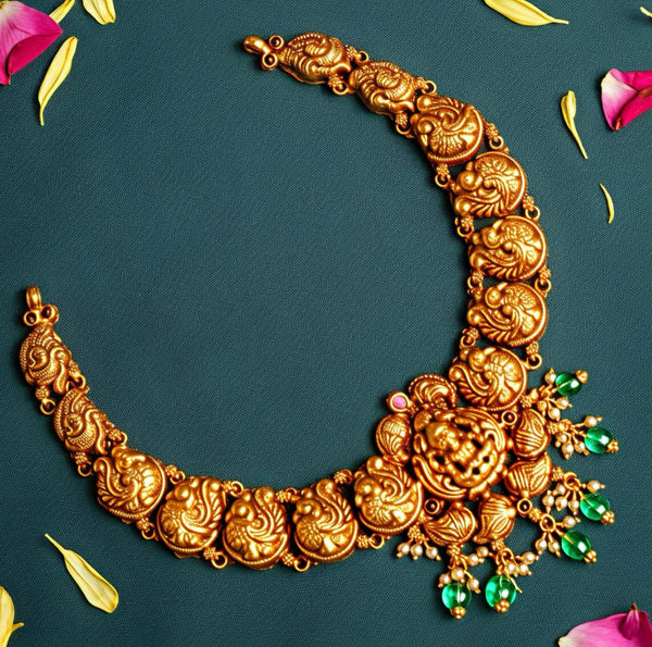 925 Silver Antique Gold-Plated Temple Necklace | Peacock Motif Bridal Jewellery with Emerald Drops