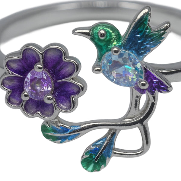 925 Sterling Silver Hummingbird and Purple Flower Ring