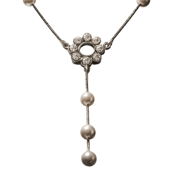 Floral Pearl Drop Y Necklace in 925 Sterling Silver