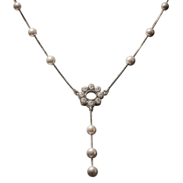 Floral Pearl Drop Y Necklace in 925 Sterling Silver
