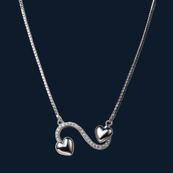 Double Heart Pendant Necklace in 925 Sterling Silver with CZ – Symbol of Love & Togetherness - Tavshan