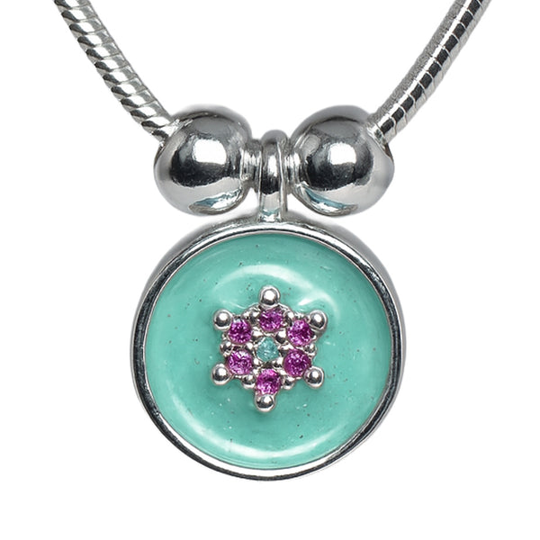 925 Sterling Silver Round Pendant Necklace with Aqua Enamel & Pink Accents