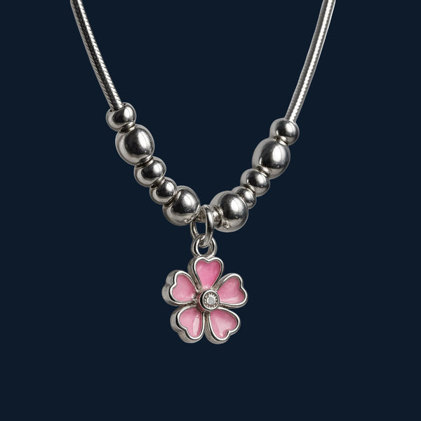 925 Sterling Silver Pink Enamel Flower Pendant Necklace - Tavshan
