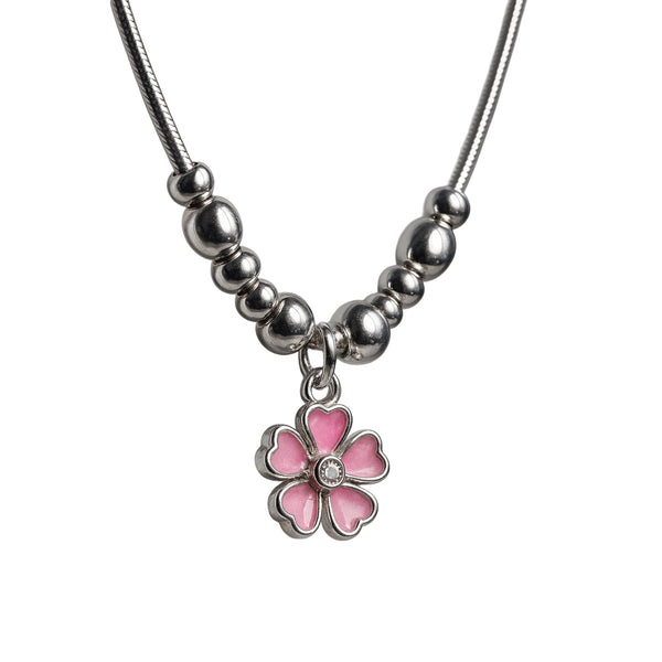 925 Sterling Silver Pink Enamel Flower Pendant Necklace