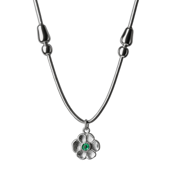 925 Sterling Silver Green Stone Floral Pendant Necklace