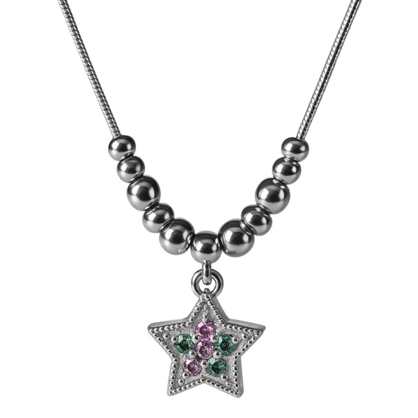 925 Sterling Silver Star Pendant Necklace with Pink & Green Accents