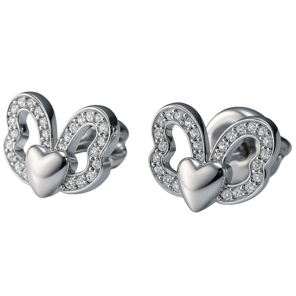 925 Sterling Silver Butterfly Heart Stud Earrings with CZ Accents