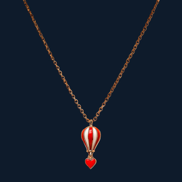 Hot Air Balloon Pendant Necklace in 925 Sterling Silver with Red Enamel & Rose Gold Finish - Tavshan