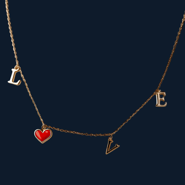LOVE Charm Necklace in 925 Sterling Silver with Rose Gold Finish & Red Heart - Tavshan