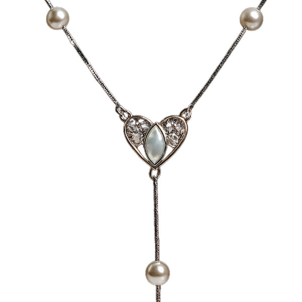 Vintage Heart Pearl Drop Y Necklace in 925 Sterling Silver