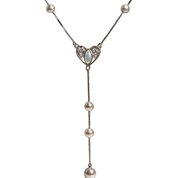 Vintage Heart Pearl Drop Y Necklace in 925 Sterling Silver