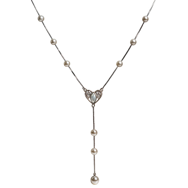 Vintage Heart Pearl Drop Y Necklace in 925 Sterling Silver