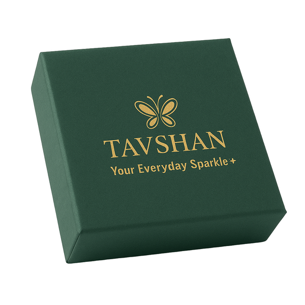 Green jewelry box with 'Tavshan' branding on a beige background