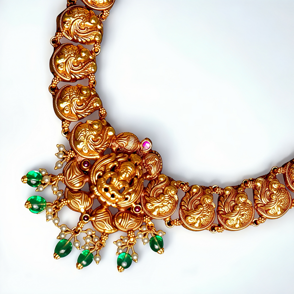 925 Silver Antique Gold-Plated Temple Necklace | Peacock Motif Bridal Jewellery with Emerald Drops