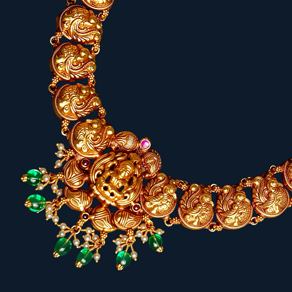 925 Silver Antique Gold-Plated Temple Necklace | Peacock Motif Bridal Jewellery with Emerald Drops - Tavshan