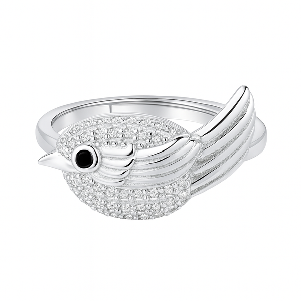 925 Sterling Silver Bird Design Ring for Women – CZ-Studded Adjustable Ring with Black Stone Eye & Wing Detailing