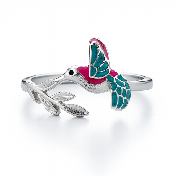 925 Sterling Silver Enamel Hummingbird Ring